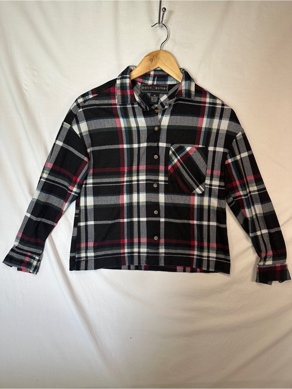 Polly & Esther Black Plaid Button-Down Shirt with Red and White Stripes